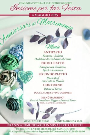 04 MAGGIO MENU’ PER IL PRANZO ANNIVERSARI DI MATRIMONIO